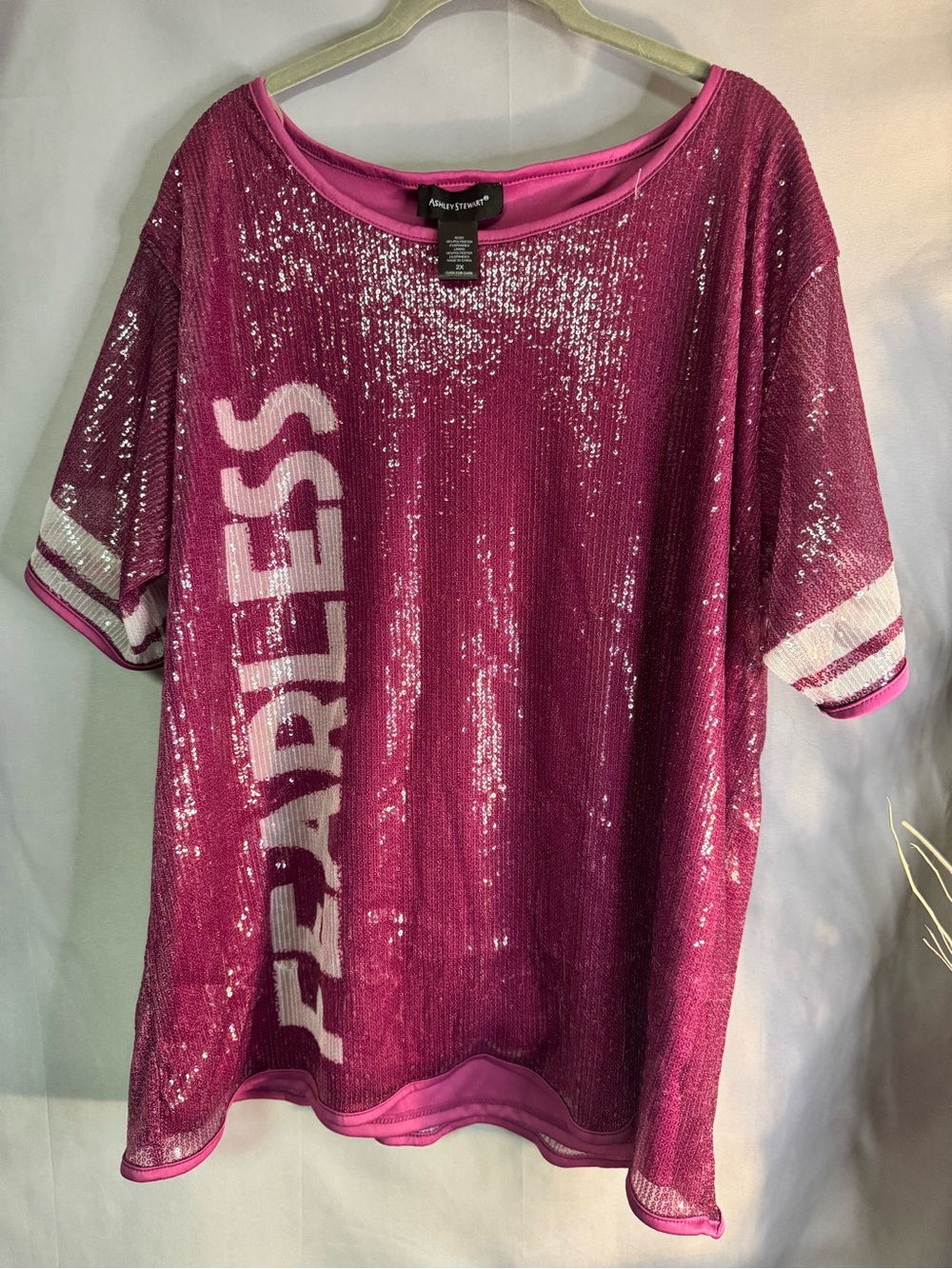 Ashley Stewart Pink Sequin 'FEARLESS' Short Sleeve Top